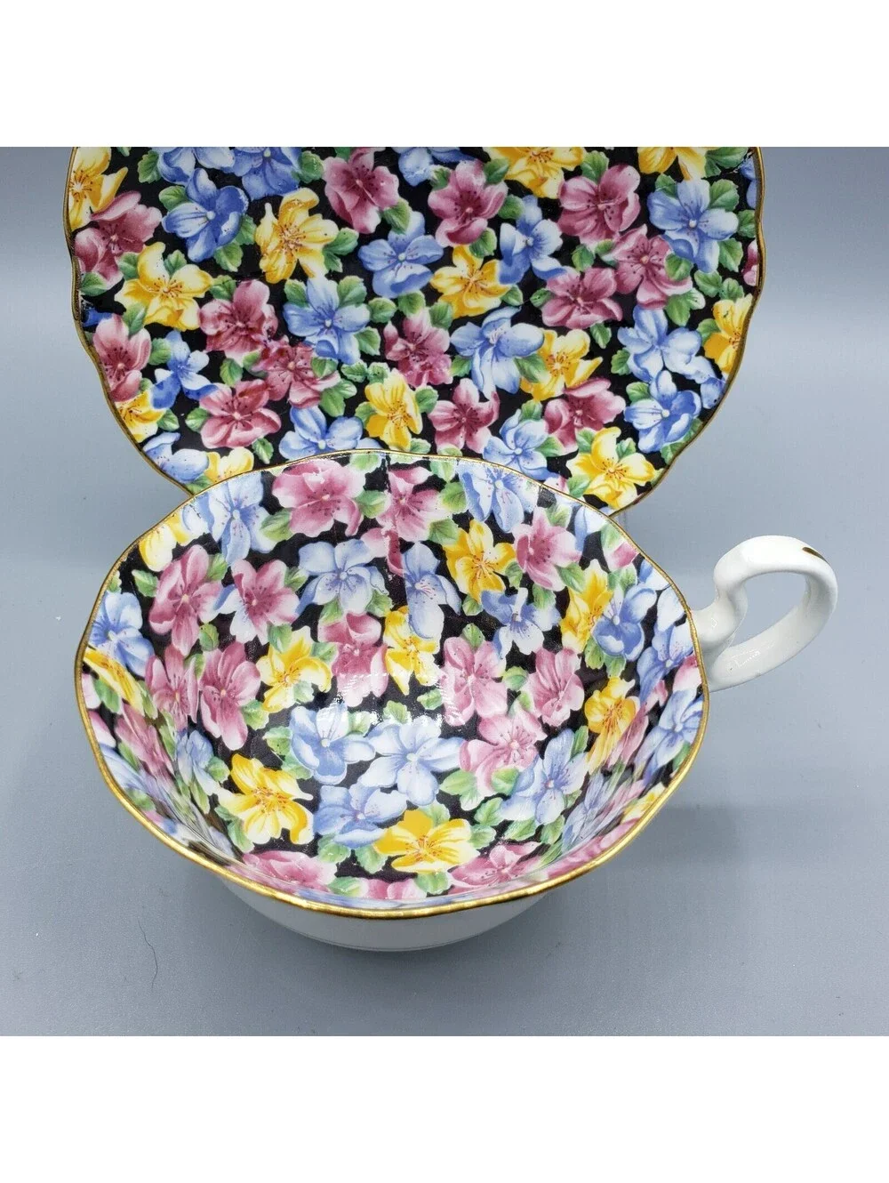 Vtg Radfords Teacup & Saucer Chintz Bone China England 8561 Pink Blue Yellow